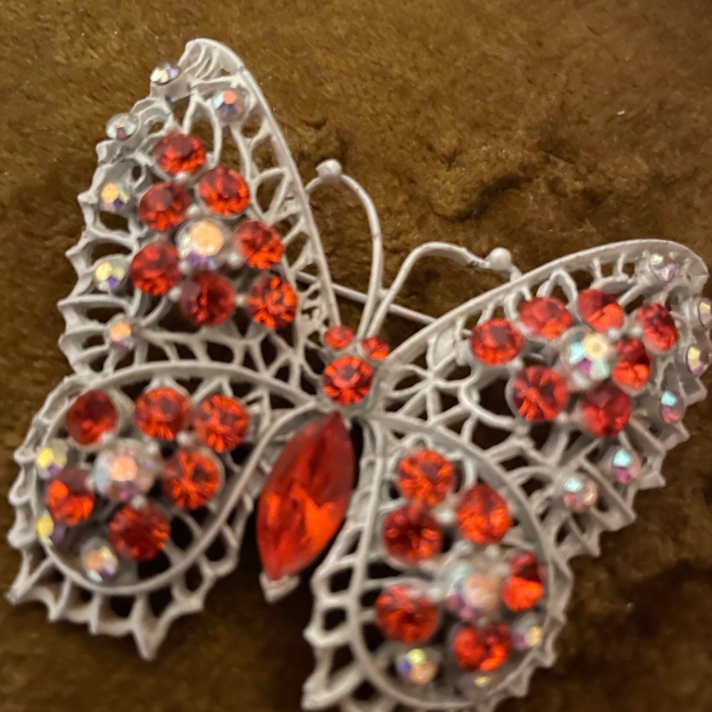 Vintage orange & AB Gem Butterfly Brooch